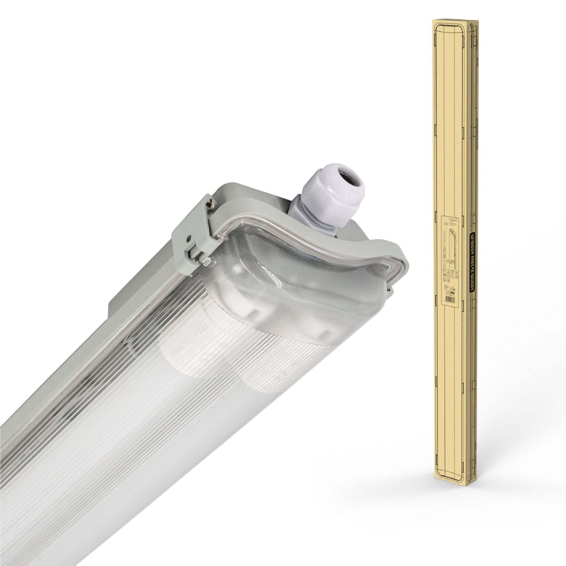 Grijze LED-verlichting met transparante beschermkap en witte aansluiting, inclusief twee witte T8-lampen en een gouden verpakking, geschikt voor industriële of commerciële ruimtes.