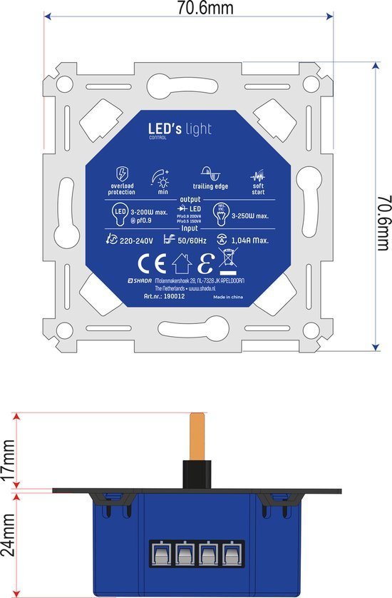 Zilverkleurige LED-verlichtingscontroller met blauwe aansluitingen en zwarte bedieningsknop. Geschikt voor moderne huisinstallaties en energiezuinige LED-verlichting.