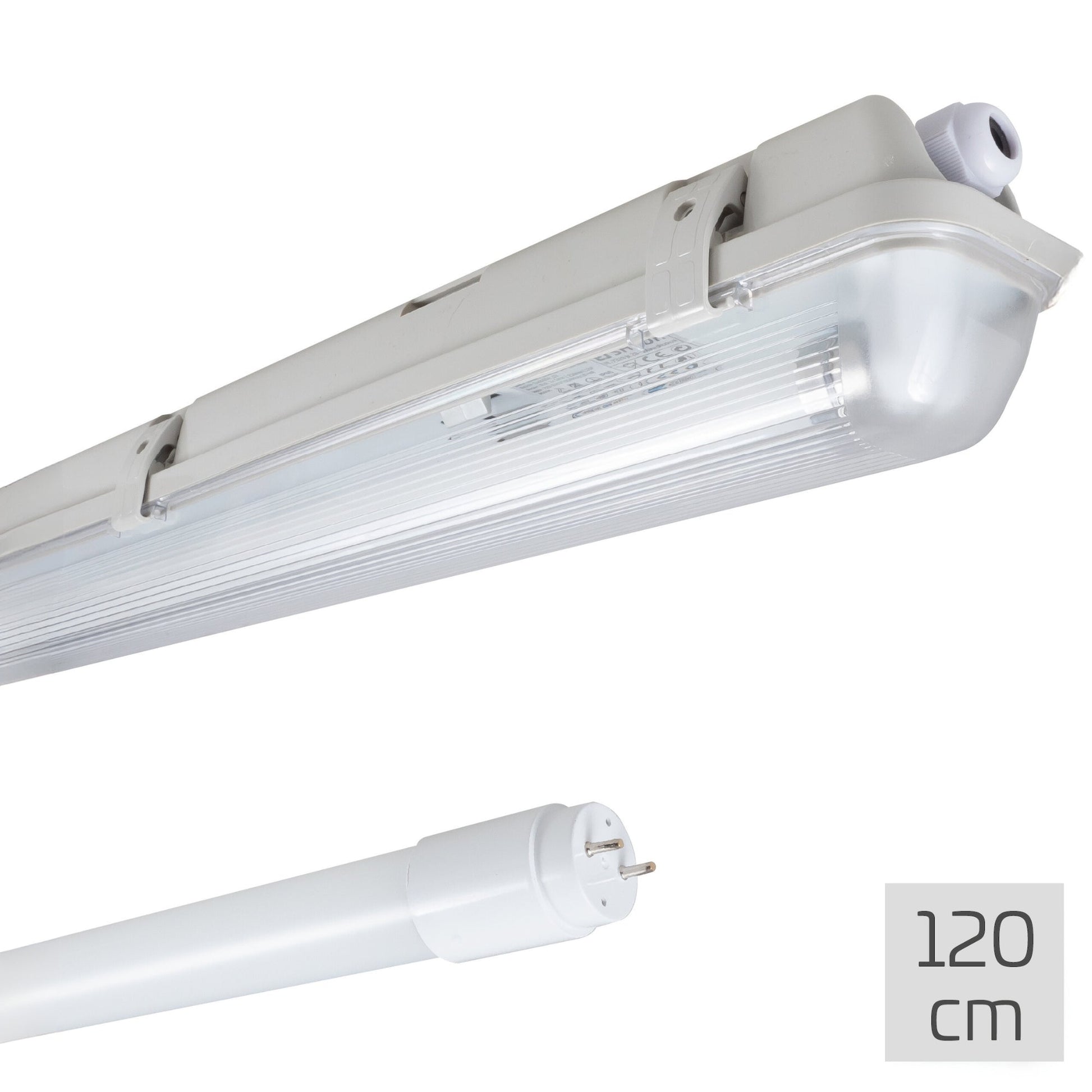 Grijze LED-buis met transparante beschermkap en witte aansluiting, geïntegreerd met een goudkleurige installatiekast voor professionele verlichting in industriële of commerciële ruimtes.