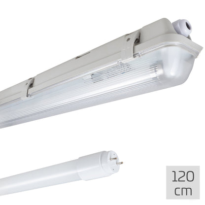 Grijze LED-buis met transparante beschermkap en witte aansluiting, geïntegreerd met een goudkleurige installatiekast voor professionele verlichting in industriële of commerciële ruimtes.