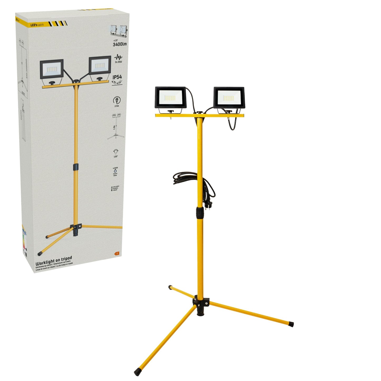 LED's Work 2 x 20W Bouwlamp met DUO Statief 4250 - IP54 waterdicht - In hoogte verstelbaar tot 1,20 meter