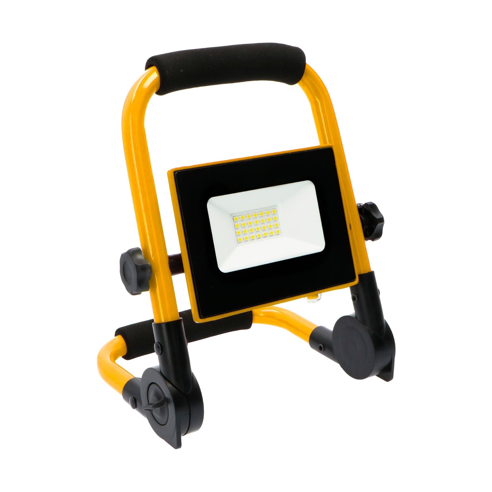 Geel opvouwbare werklamp met zwart LED-panel en verstelbare voeten, geschikt voor bouw- en reparatiewerkzaamheden. Ondersteuning van de verpakking met technische specificaties.
