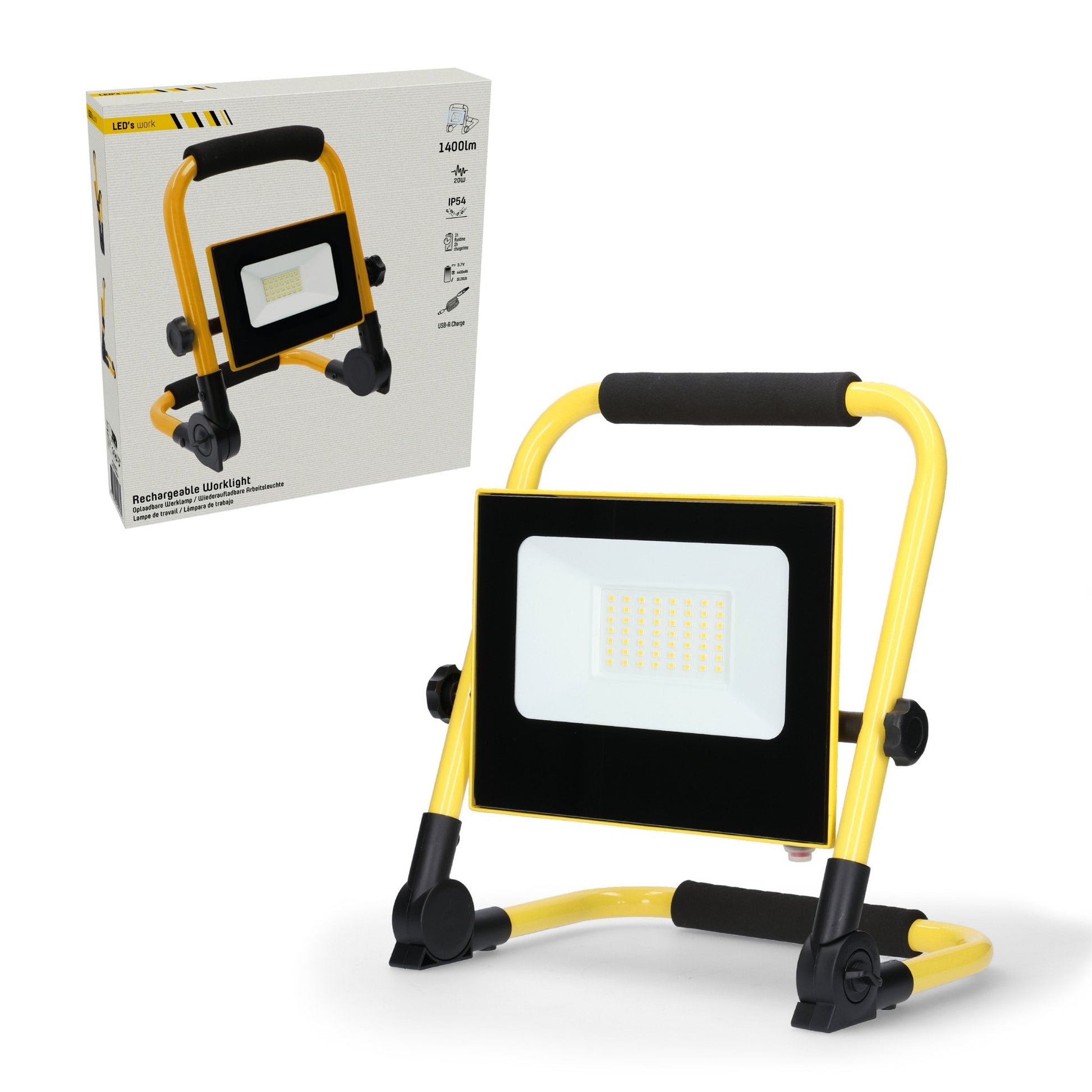 Geel opvouwbare werklamp met zwart LED-panel en verstelbare voeten, geschikt voor bouw- en reparatiewerkzaamheden. Zichtbaar USB-oplaadpoort en IP54 waterdichtheid.