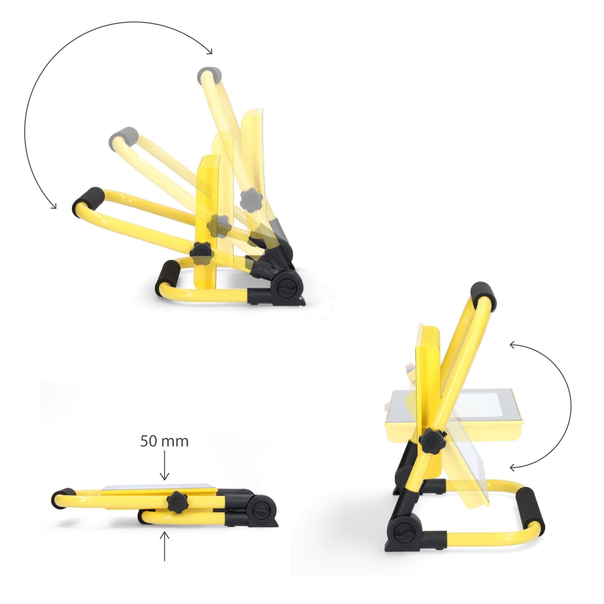 Geel opvouwbare LED werklamp met zwart handvat en verstelbare poten, geschikt voor bouw- en reparatiewerkzaamheden. Zichtbaar op de achtergrond: de verpakking met technische specificaties.