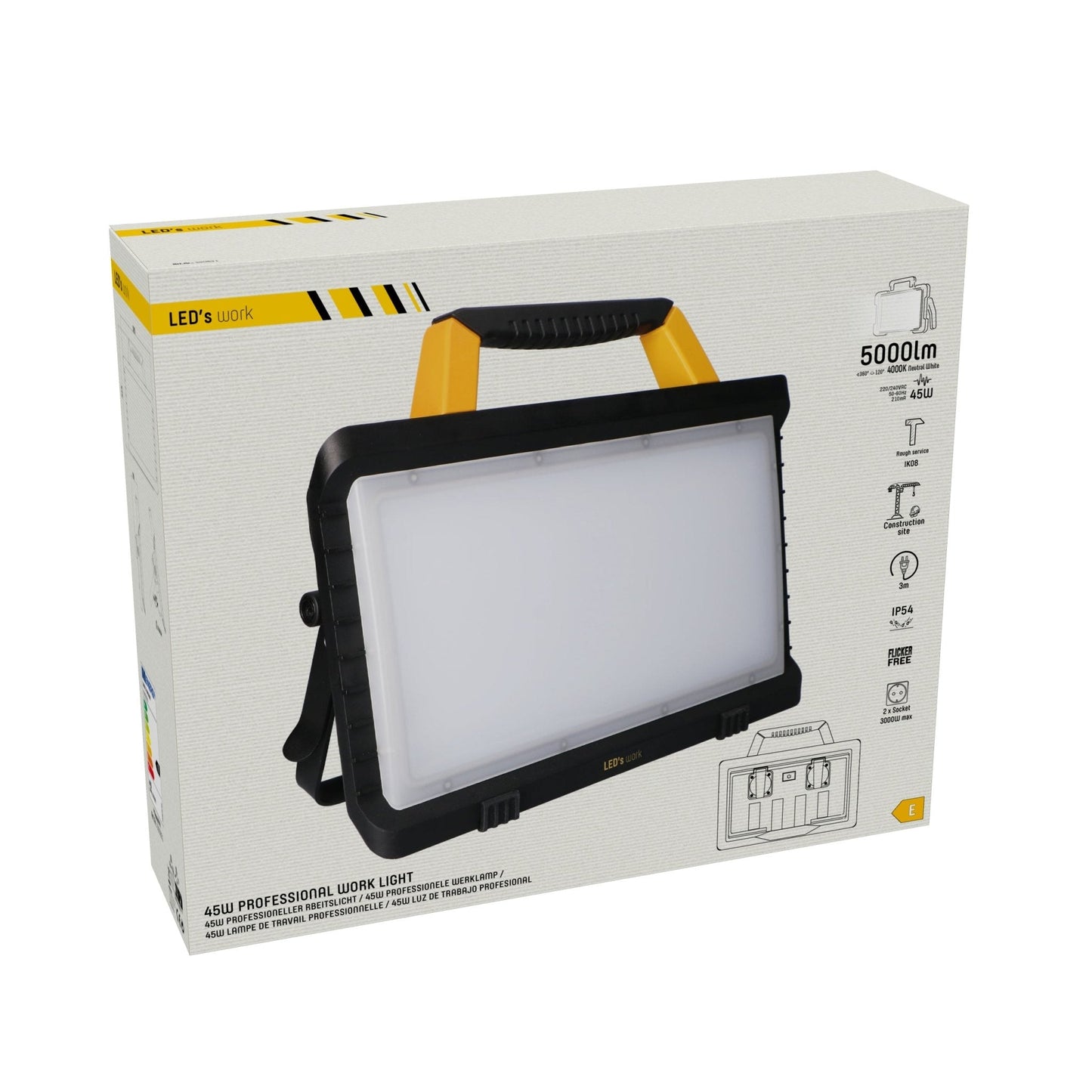 Comnox - LED's Work Bouwlamp 5000 - Robuuste werkverlichting met extra stopcontacten