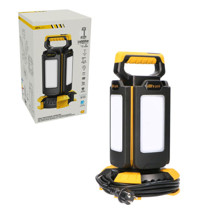 Een zwarte en gele LED werklicht met twee heldere verlichtingspanelen en een handvat voor gemakkelijke transport. Geschikt voor gebruik op bouwplaatsen of in garage, met een ingebouwde stekker voor directe stroom.