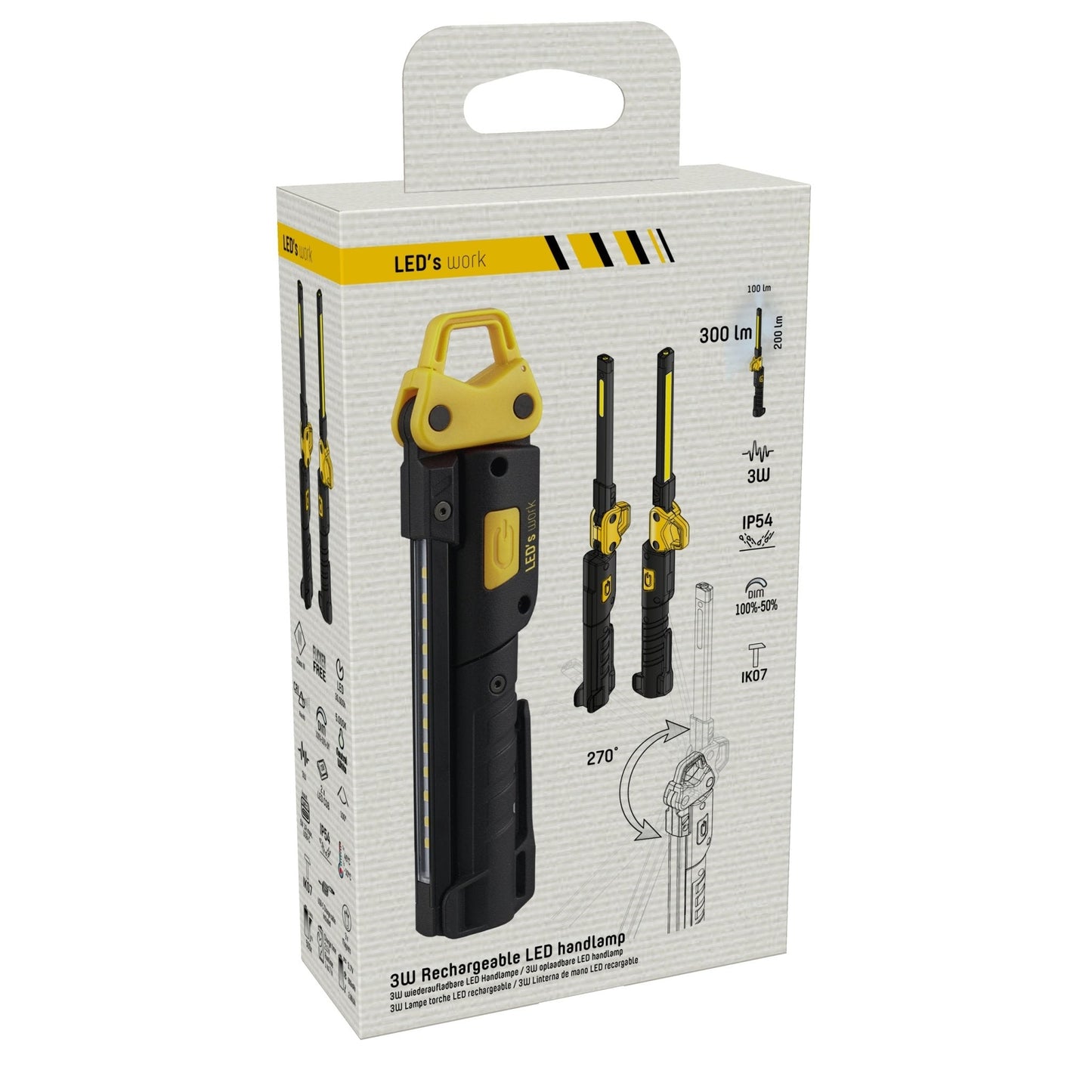 Zwarte LED-werklicht met gele handgreep en verstelbare arm, geschikt voor reparaties en onderhoud. Compacte, robuuste constructie voor gebruik in garage of werkplaats.