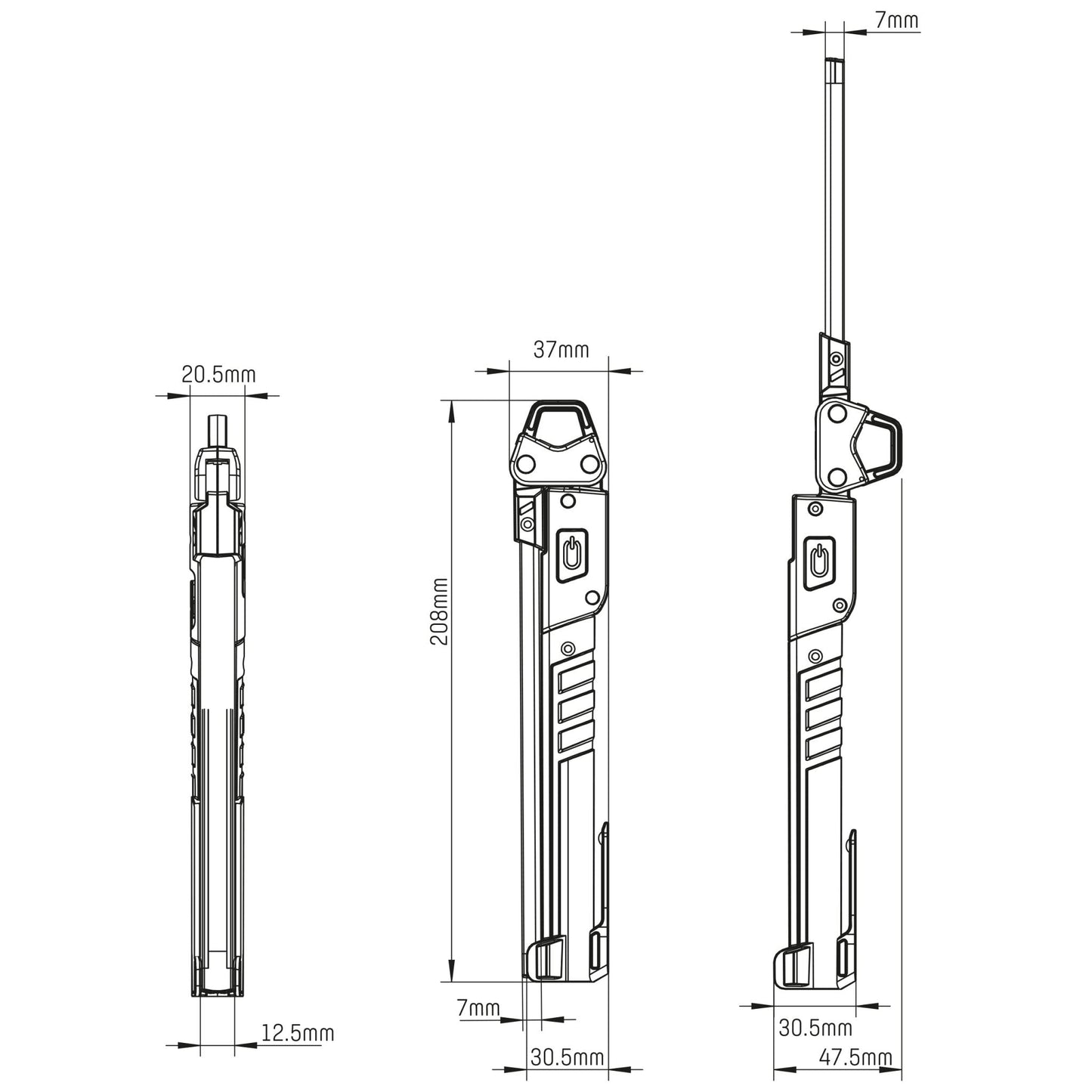 Zwarte LED-lamp met gele handgreep en verstelbare arm, geschikt voor werken in donkere ruimtes. Compacte, waterdichte constructie voor gebruik in garage of op werkplaats.