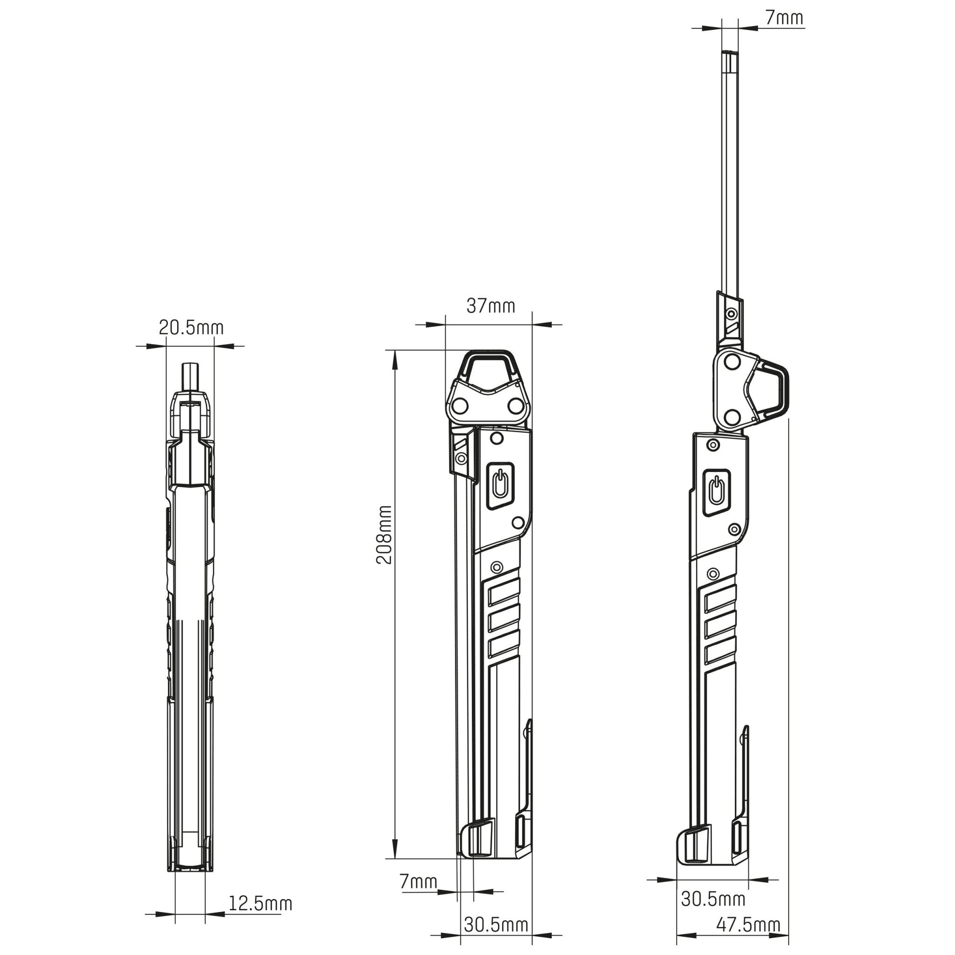Zwarte LED-lamp met gele handgreep en verstelbare arm, geschikt voor werken in donkere ruimtes. Compacte, waterdichte constructie voor gebruik in garage of op werkplaats.