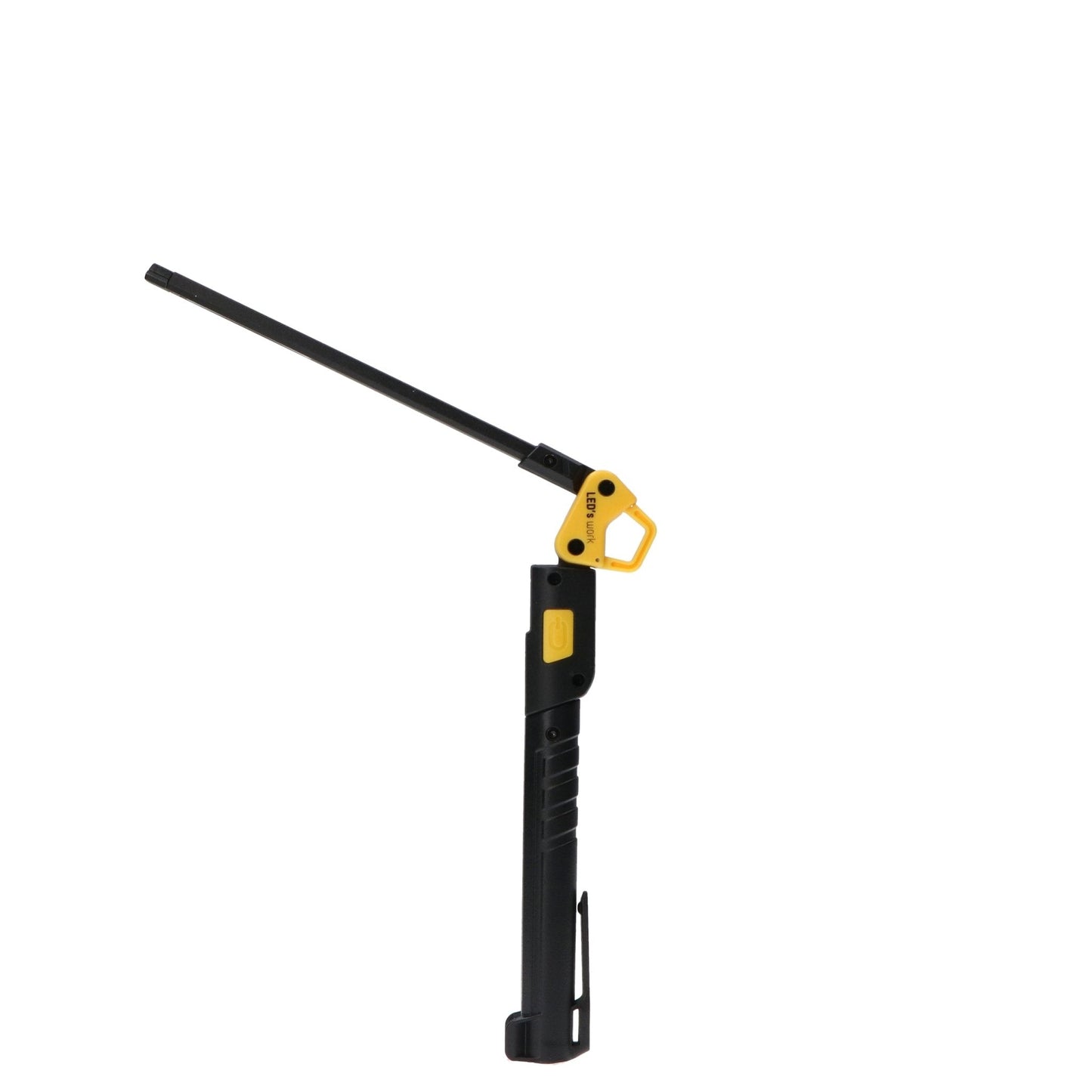 Zwarte LED-werklicht met gele handgreep en uitklapbare arm, geschikt voor reparaties en onderhoud. Compacte, robuuste constructie voor gebruik in garage of werkplaats.