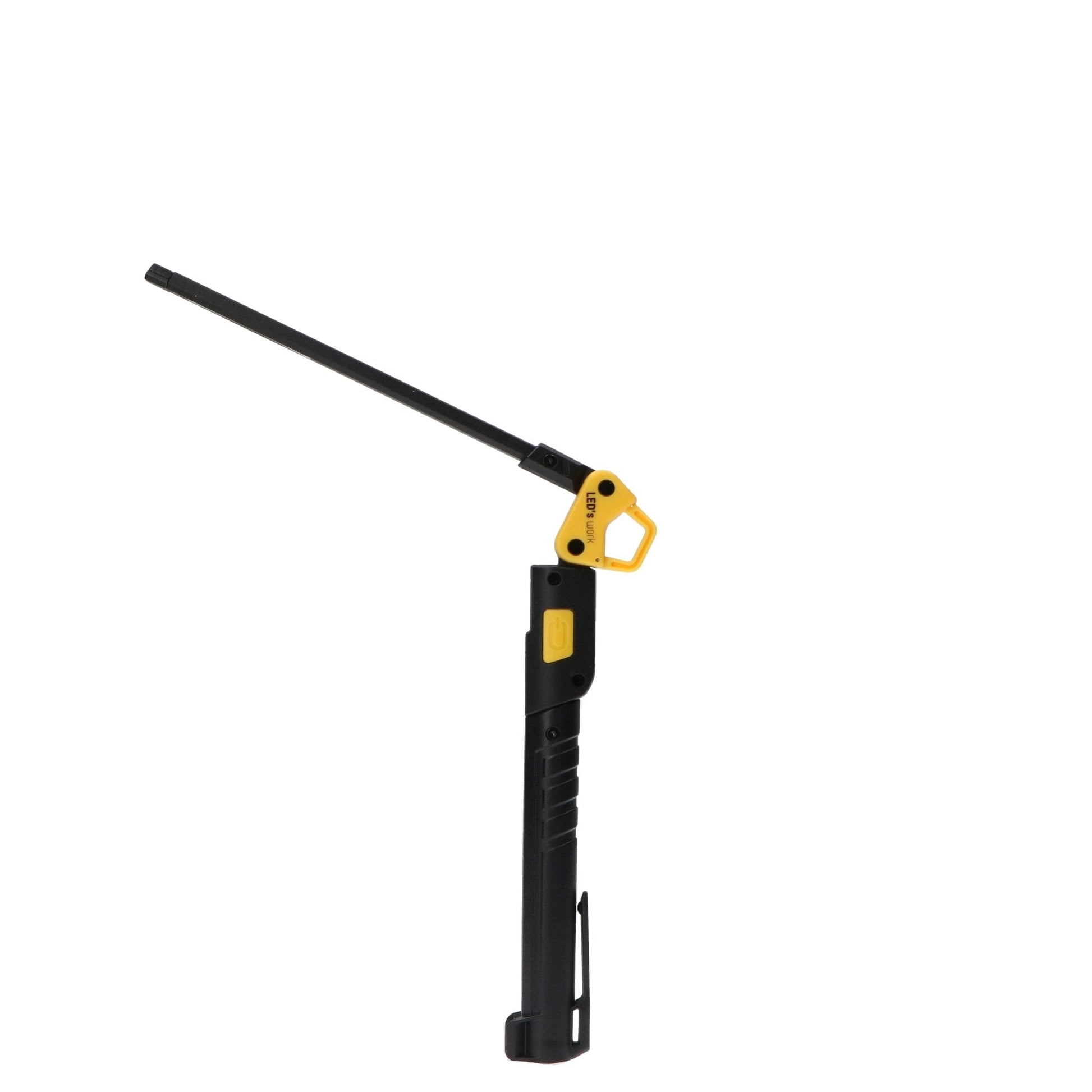 Zwarte LED-werklicht met gele handgreep en uitklapbare arm, geschikt voor reparaties en onderhoud. Compacte, robuuste constructie voor gebruik in garage of werkplaats.