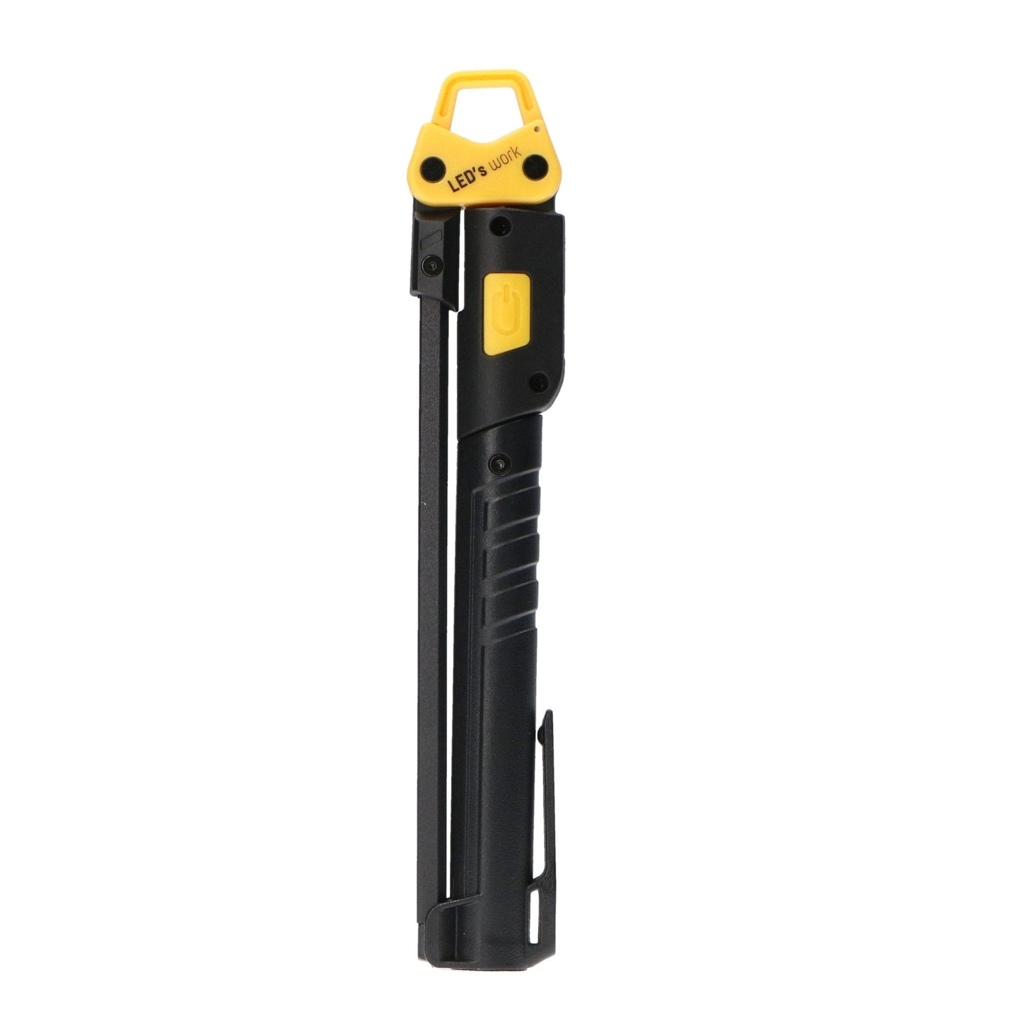 Een zwarte, opvouwbare LED-lamp met gele handgreep en knop, geschikt voor werken in donkere ruimtes. Gebruik als handlamp of werklicht in garage of op werkplaats.