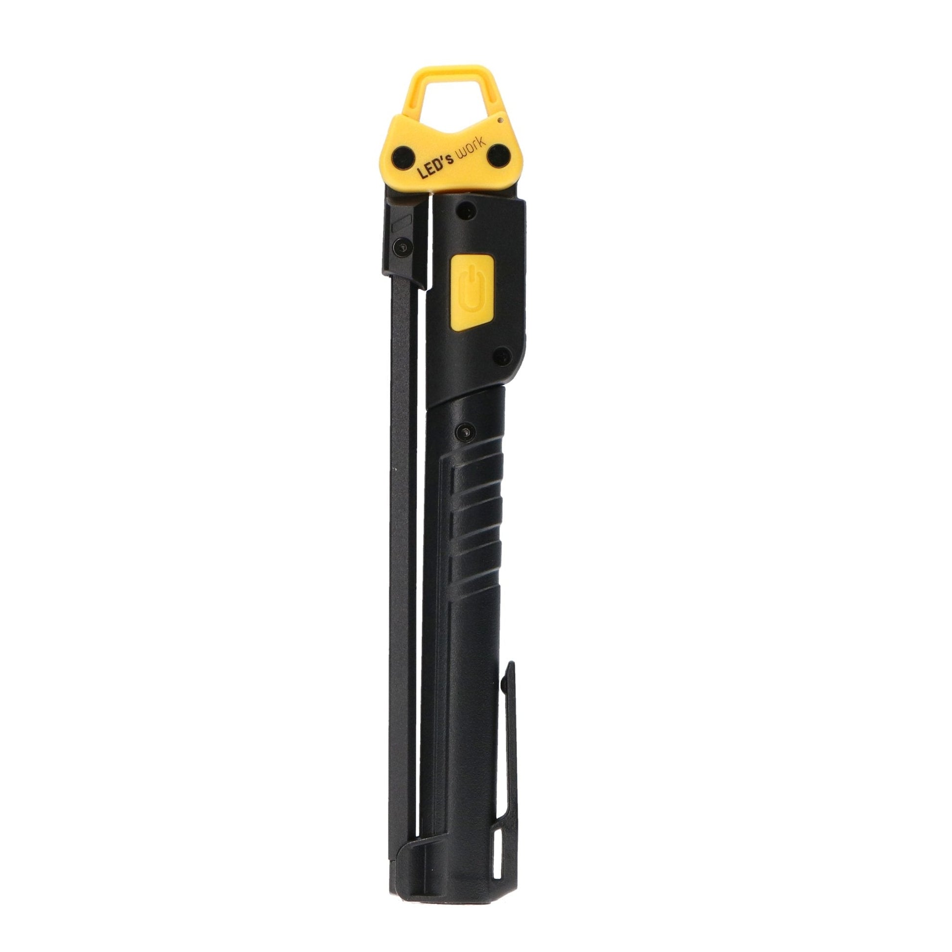 Een zwarte, opvouwbare LED-lamp met gele handgreep en knop, geschikt voor werken in donkere ruimtes. Gebruik als handlamp of werklicht in garage of op werkplaats.