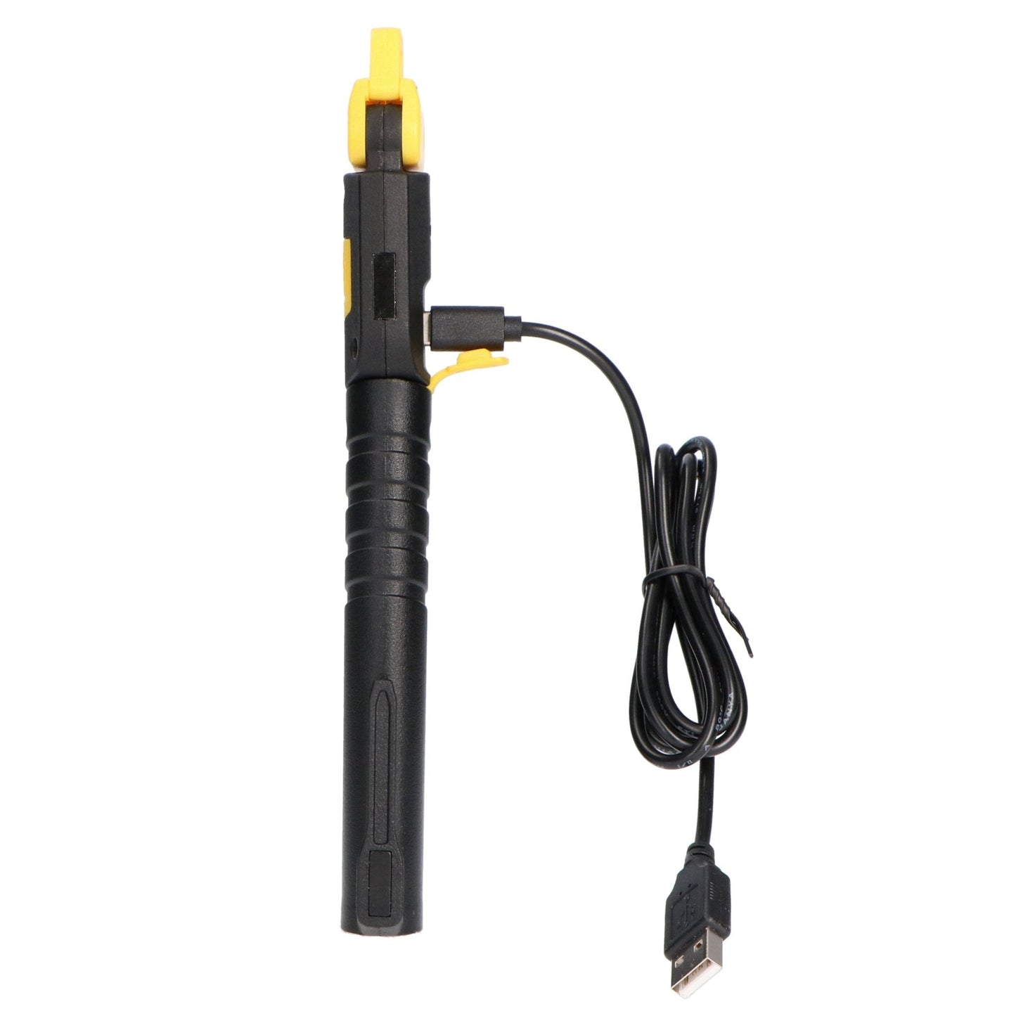 Zwarte LED-werklicht met gele handgreep en verstelbare arm, geschikt voor reparaties en onderhoud. Compacte, opvouwbare constructie voor gebruik in garage of werkplaats.