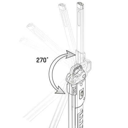Zwarte, opvouwbare LED-lamp met gele handgreep en schakelaar, geschikt voor reparaties en werken in donkere ruimtes. Compacte, flexibele arm voor betere verlichting in kleine plekken.