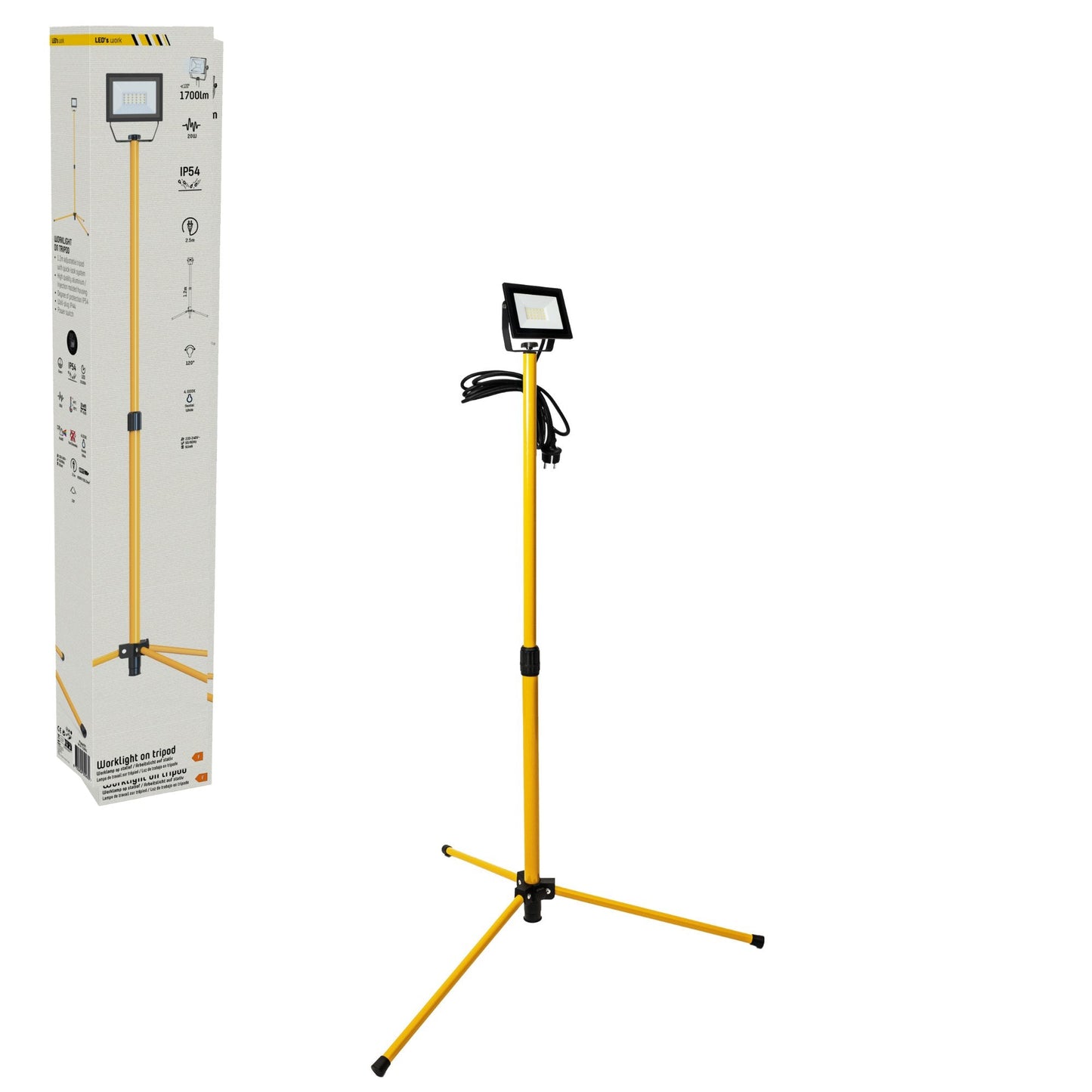 Een gele, opvouwbare LED-verlichting op een driepootstandaard, uitgerust met een zwart kabelsysteem en een sterk lichtpaneel, geschikt voor werkplekverlichting en professionele fotografie.