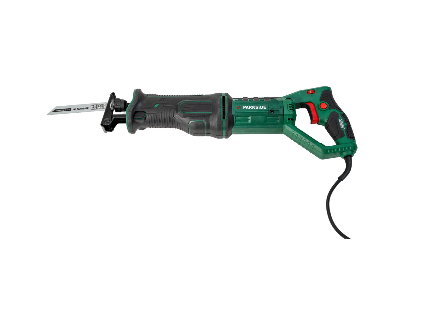 Een Parkside boormachine met groen-zwart design, uitgerust met een scherp, groen tandenblad voor hout. Geschikt voor precisie-schuren in houten projecten en DIY-activiteiten.