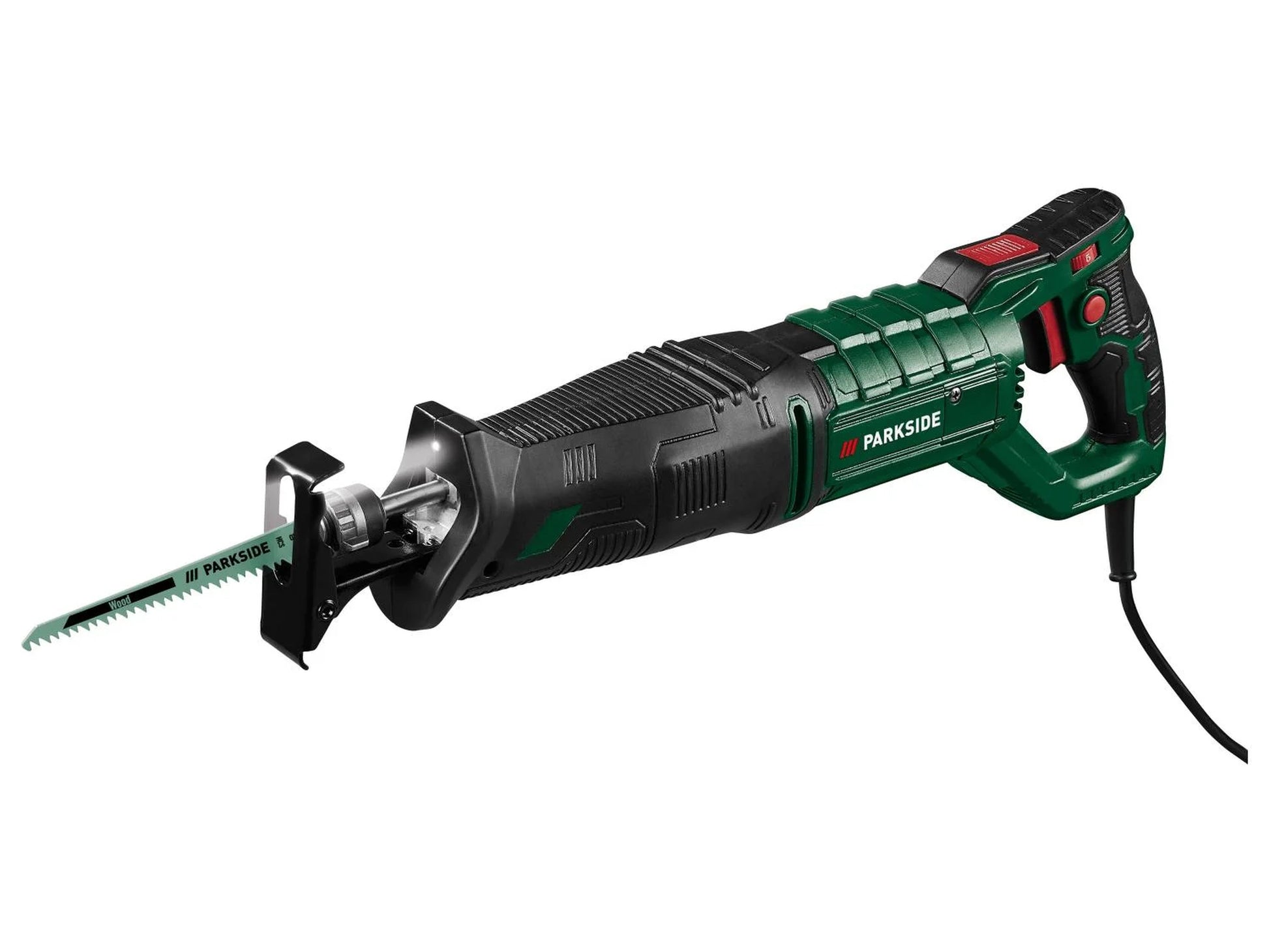 Een Parkside boormachine met groen-zwart design, uitgerust met een scherp, groen tandenblad voor hout. Geschikt voor precisiezaagwerk in de houtbewerking en bouw.