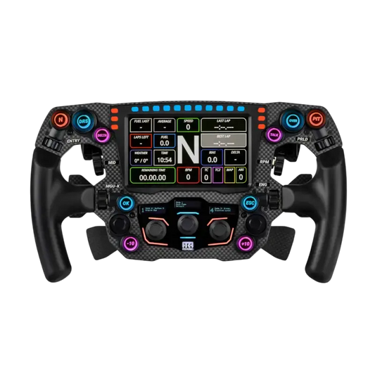 Een realistisch Formule 1-stuurwiel met carbonvezel, kleurrijke knoppen en digitale display voor race-automobiel simulatie. Geschikt voor F1-simulaties en race-game-enthusiasten.