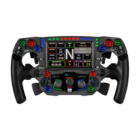 Een realistisch Formule 1-stuurwiel met carbonvezel, kleurrijke knoppen en digitale display voor race- en simulatiespeeltoepassingen. Het toont de exacte lay-out van een F1-stuurwiel voor racegames.