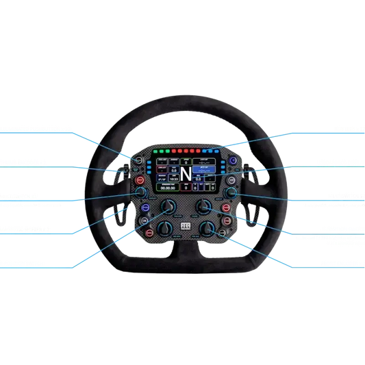 Een professioneel racestuur met zwart fluweel en carbonlook, voorzien van een kleurrijk digitale display en meerdere bedieningsknoppen voor simulatiespelletjes. Geschikt voor F1-stuur simulatoren en racegame-ervaringen.