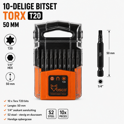 Een 10-delige Torx T20 bitset van Osco, gemaakt van S2 staal, in een handige oranje opbergdoos. De bits zijn 50 mm lang en geschikt voor professioneel gebruik met schroefmachines.