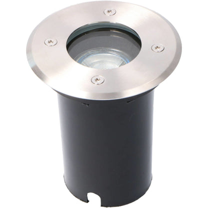 Zilverkleurige, ronde grondverlichting met glazen lens en zichtbare schroeven, voorzien van een zwarte cilindrische behuizing. Geschikt voor tuinverlichting en buitenverlichting.