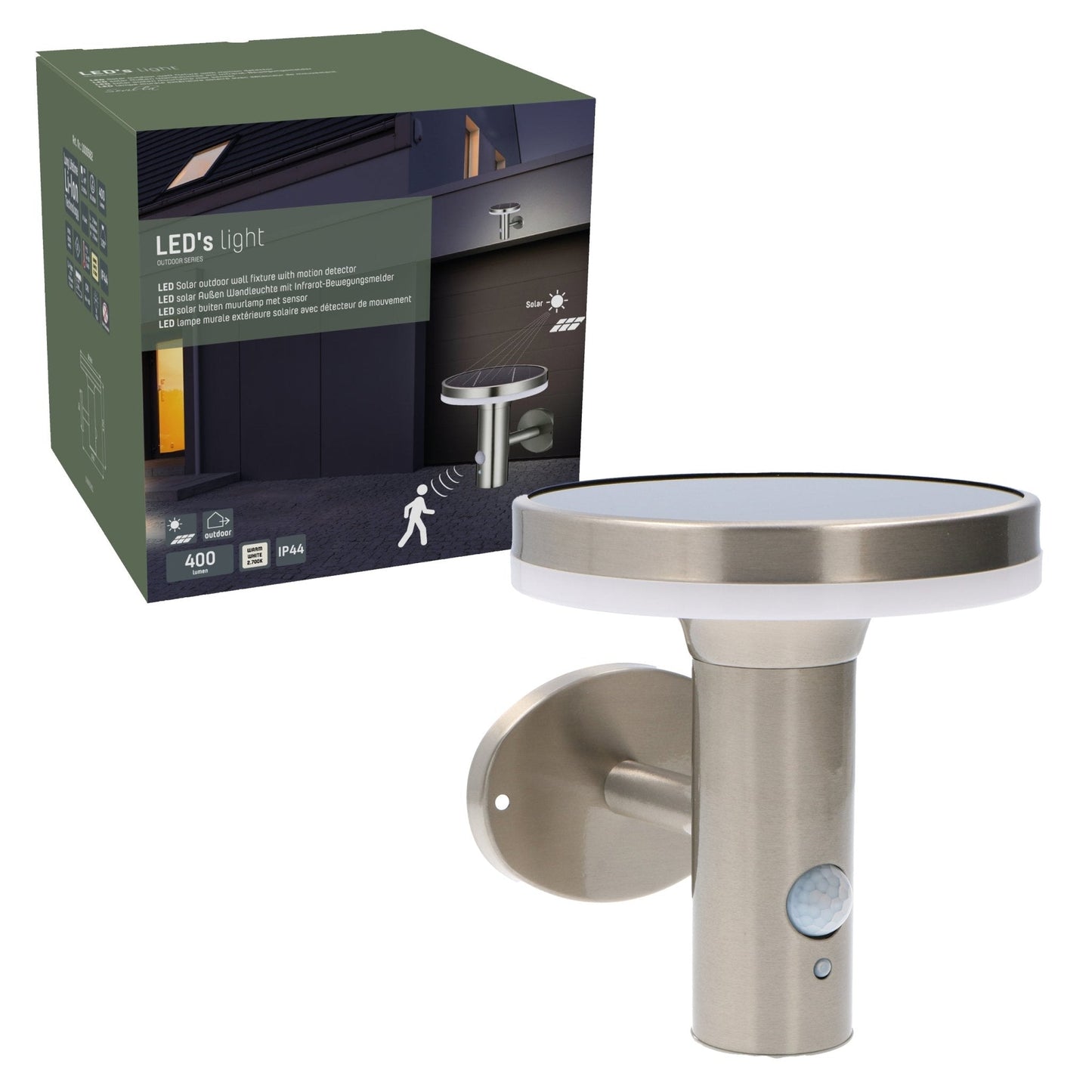 Zachte, warme LED-verlichting met bewegingssensor, geïnstalleerd op een textuurrijke bakstenen muur. Modern, zilverkleurig ontwerp voor buitenverlichting en veiligheid.