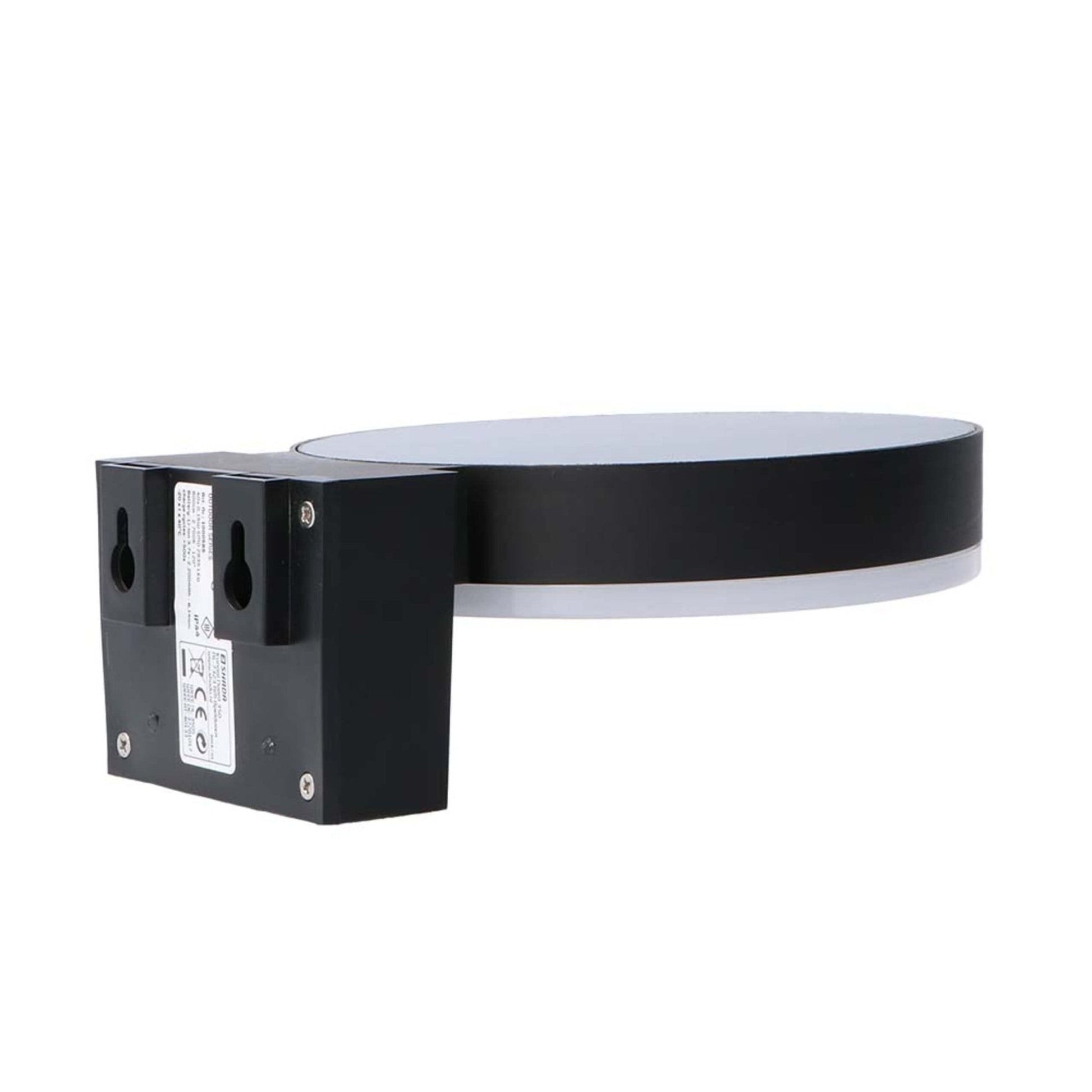 Een moderne, zwarte ringvormige wandlamp met warm wit licht, bevestigd aan een textuurrijke bakstenen muur. Uitgerust met bewegingssensor en touch-knop voor buitenverlichting.