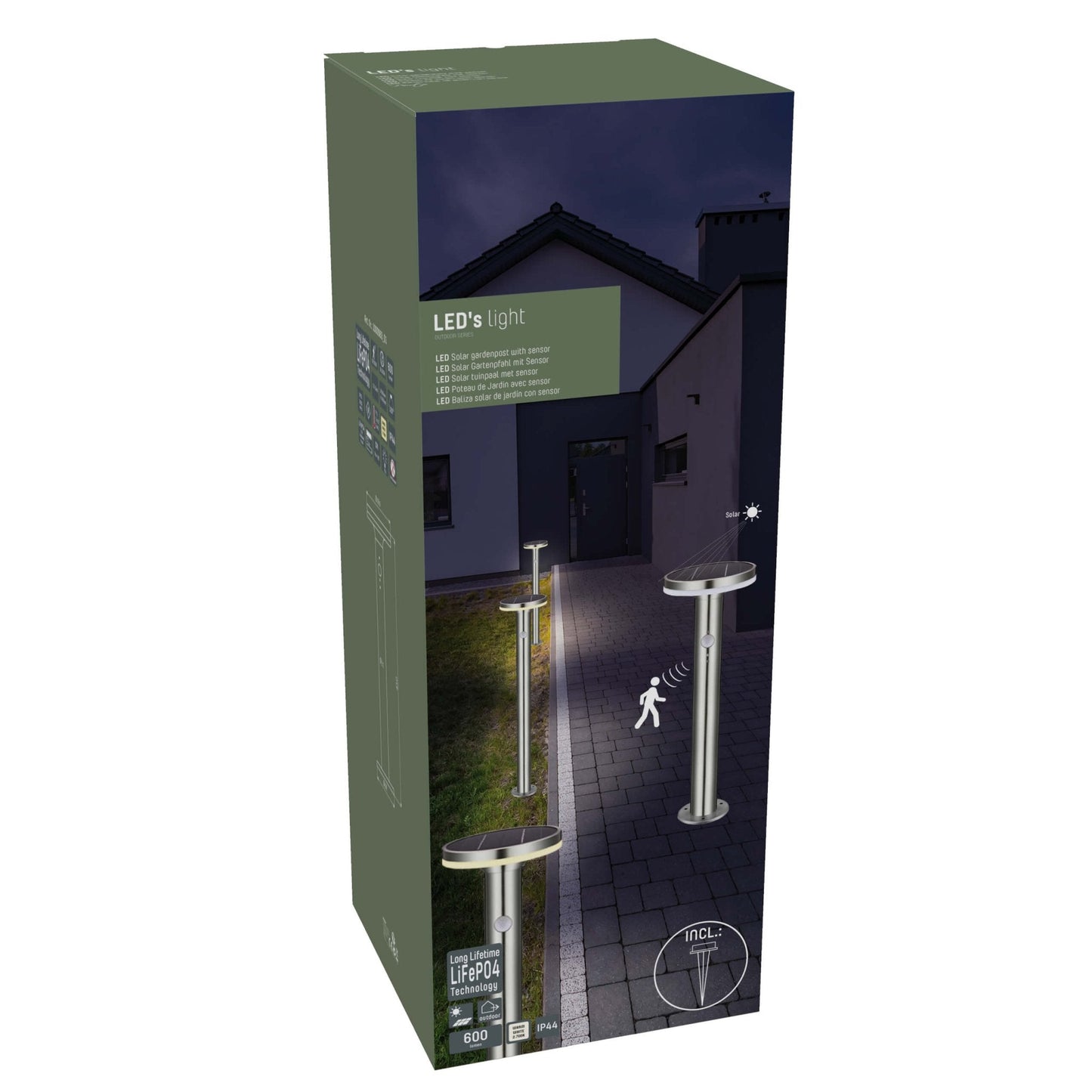 LED's Light RVS Solar LED Tuin Lantaarnpaal met Bewegingssensor - Draadloos - 3 standen - Zilver