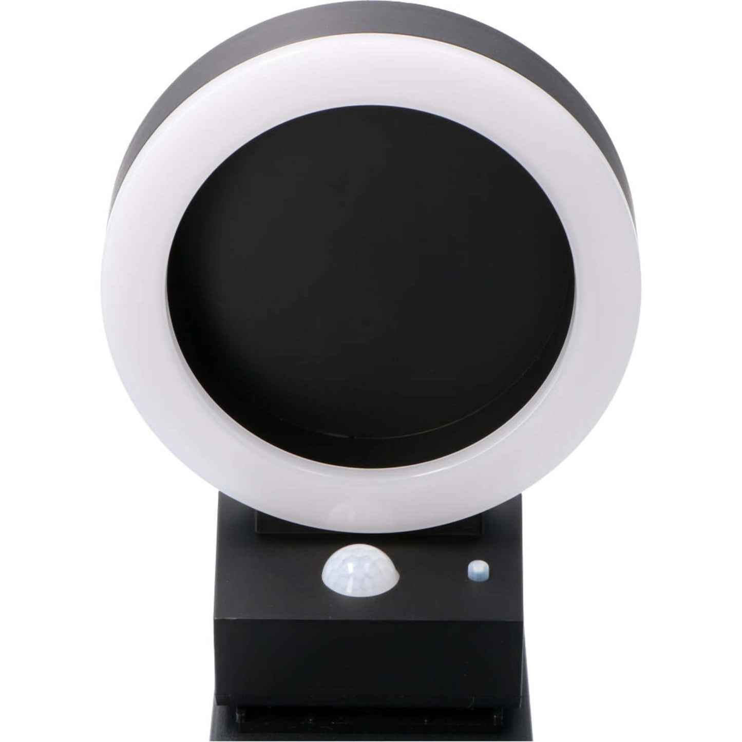 Een moderne, zwarte buitenlamp met een helder, ringvormig licht en een zichtbare bewegingssensor, geplaatst tegen een donkere houten achtergrond. Ideaal voor veilige verlichting in tuinen en op gangpaden.
