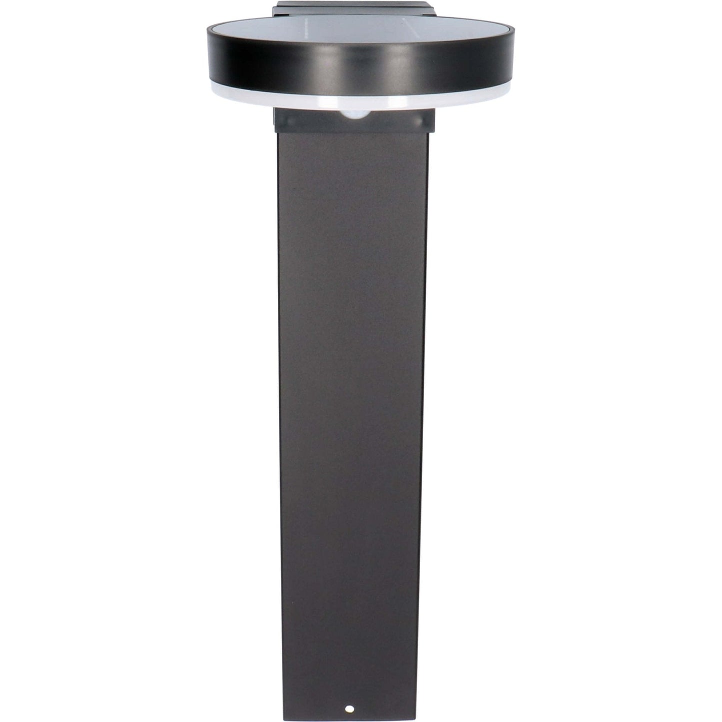 Een moderne, zwarte buitenlamp met een helder ringlicht en een zichtbare bewegingssensor, geplaatst tegen een donkere houten achtergrond. Ideaal voor veilige verlichting in de tuin of op het terras.