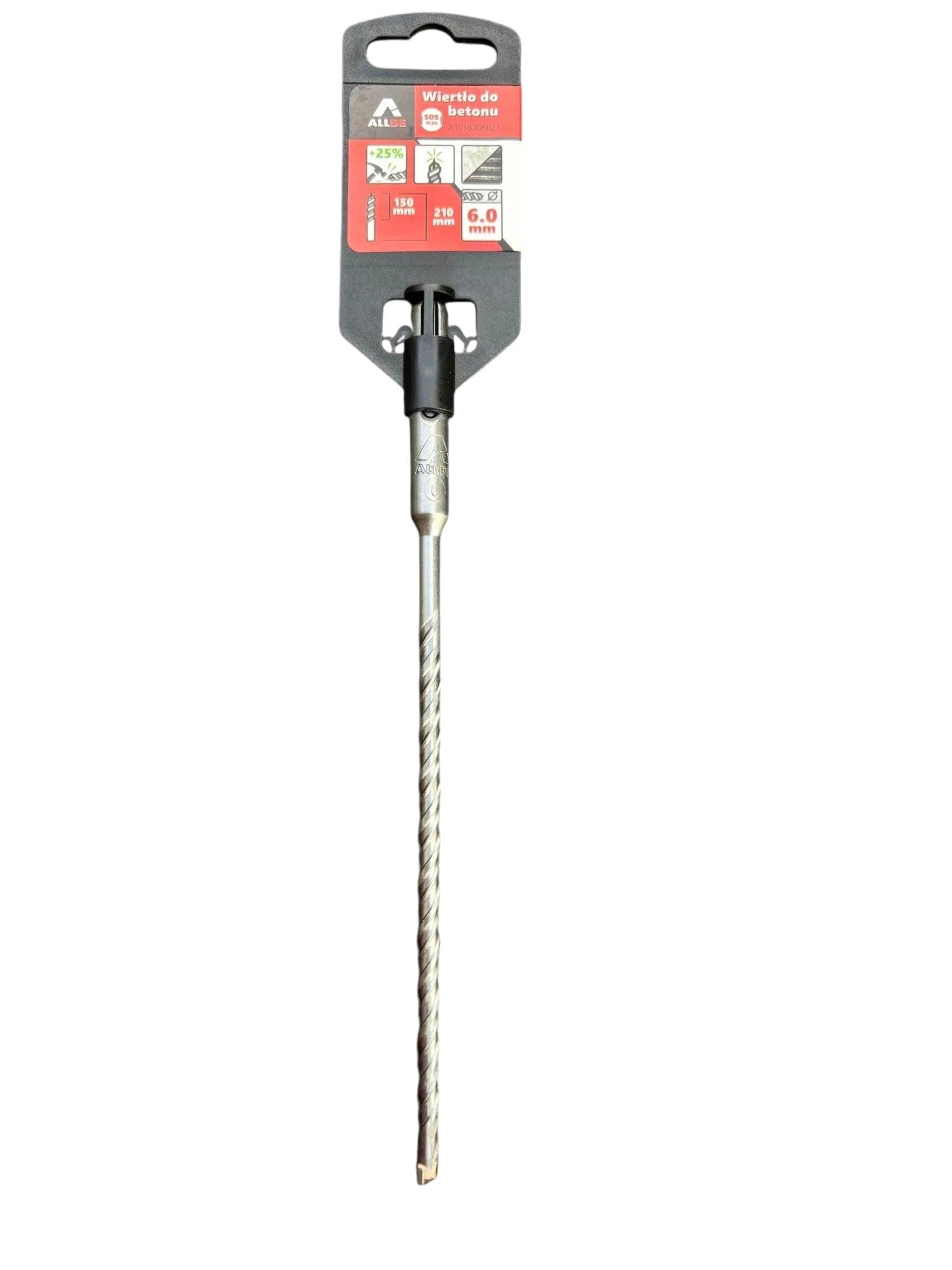 Een robuust boormachinebit met schroefdraad en tanden, gemaakt van metaal, geschikt voor het boren in beton en steen. Zichtbaar merklogo en schroefdraad voor betrouwbare koppeling.
