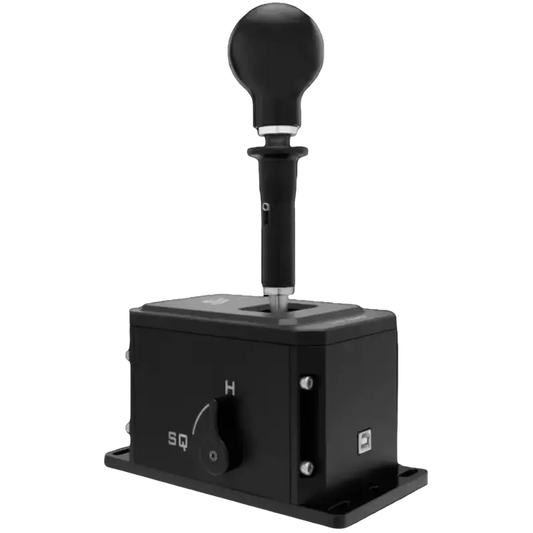 Zwart stuurknop met glanzende bolvormige top en metalen basis, geïntegreerd in een compacte, industriële behuizing met zichtbare schakelaar en montageschroeven voor professionele toepassing in simulatiesystemen.