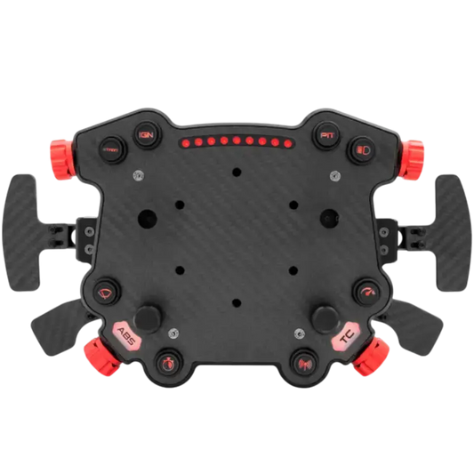 Zwart carbonvezel racestuur met rode knoppen en bedieningsknoppen voor raceauto’s. Geschikt voor racestuur met digitale display en stuurbediening.