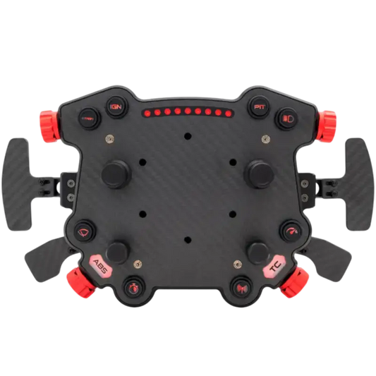 Zwart carbon racestuur met rode knoppen en handgrepen, voor gebruik in racegames. Inclusief functieknoppen zoals IGN, PIT en TC voor realistische simulatie.