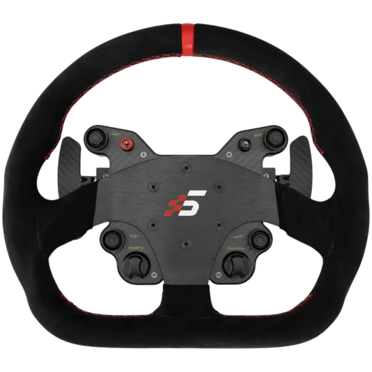 Zwart stuurwiel met rode contrastnaden en carbonlook, voorrace-achtige details. Geschikt voor racegames en simulator-gebruik, met duidelijke bedieningsknoppen en het merklogo.
