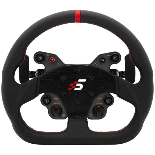 Zwart stuurwiel met rode accenten en textuur, voor racegames. Met bedieningsknoppen en schuifregelaars voor optimale simulatie-ervaring.