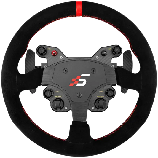 Zwart stuurwiel met rode contrastnaden en carbonvezel details, voorrace-achtige uitstraling. Met ingebouwde knoppen voor race- en simulatiespeeltoepassingen.