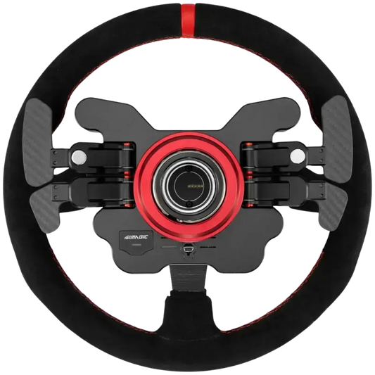 Zwart stuurwiel met rood contraststikwerk en carbonvezel details, voorrace-geïnspireerd met bedieningsknoppen voor simulatiespel. Geschikt voor racegames en virtuele rally-ervaringen.