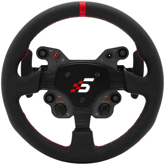 Zwart racingstuur met rode contrastnaden en een centraal logo, uitgerust met bedieningsknoppen voor simulatiespeeltoestellen. Geschikt voor racegames en virtuele rijen.