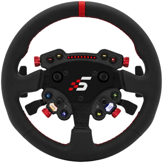 Zwart racestuur met rode accenten en carbonlook, voorzien van knoppen voor ABS en TC. Geschikt voor PC-spelers die realistische simulatie op zoek zijn.