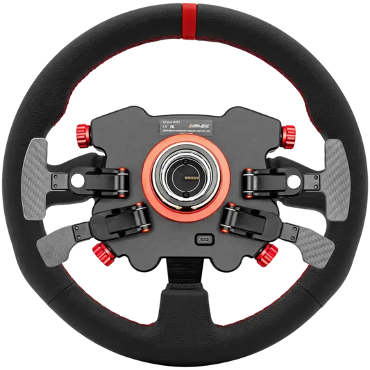 Zwart racestuur met rode accenten en carbonlook, uitgerust met knoppen voor ABS en TC. Geschikt voor racegames en simulaties, met duidelijke LED-indicatoren en sportieve design.