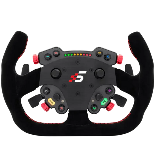 Zwart racestuur met rode contrastnaden en multifunctionele knoppen, inclusief ABS- en PIT-knoppen. Geschikt voor racegames en simulaties met hoge precisie en realistische feedback.