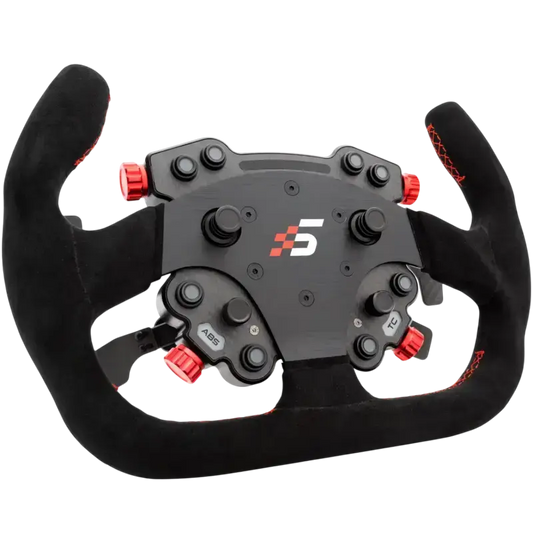 Zwart racestuur met rode contrastnaden en geïntegreerde knoppen voor simulatiespeeltoestellen. Het heeft een sportief ontwerp met een centraal logo en kleurrijke LED-indicatoren voor racegames.