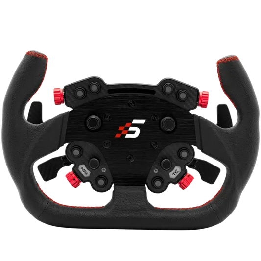 Zwart racestuur met rode contrastnaden en carbonlook, uitgerust met knoppen voor ABS en TC. Perfect voor realistische racegames en professionele simulaties.