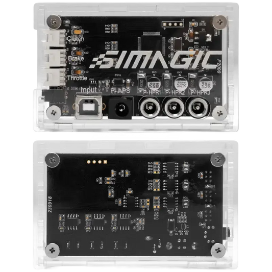 Simagic P2000 elektronische stuurstuurmodule in transparante behuizing, met zichtbare zwarte printplaat, zilveren schroeven en aansluitingen voor modelvliegtuigen en -schepen.