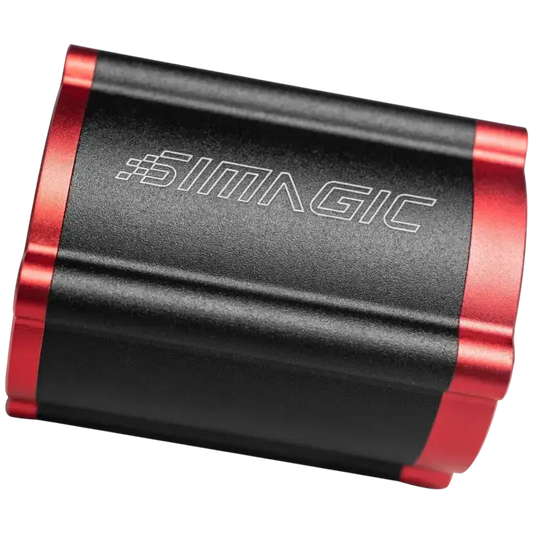 Een zwarte Simagic motor met rode metalen randen en zichtbare kabel, speciaal ontworpen voor RC-vliegtuigen en drones. De zijkant toont het merklogo in zilverkleurige letters.