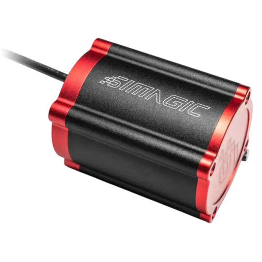Een zwarte Simagic motor met rode accenten en zichtbare kabel, gemaakt van metaal voor modelvliegtuigen. Perfect voor RC-vliegtuigen en drones waar krachtige, betrouwbare motorvermogen nodig is.