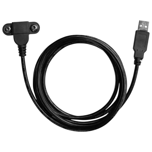Zwart 3D-printer bedieningspaneel met coiled USB-kabel en aansluitingen, geschikt voor printcontrole en -monitoring. Compacte, robuuste constructie voor gebruik met 3D-printers.